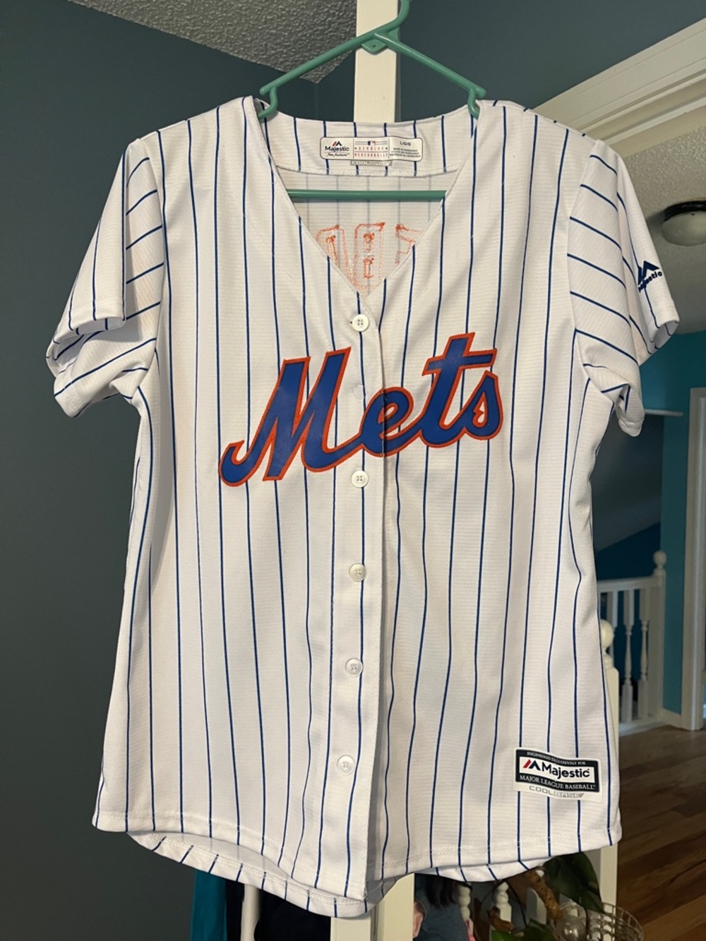 Majestic White Pinstripe Mets Button-Up Jersey with Blue & Orange Script